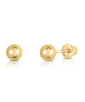 Front view of 14K Yellow Gold Ball Stud Earrings With Secure ScrewBacks 3mm Tiny Round Earrings For Everyday Wear Hypoallergenic Solid Gold Jewelry
