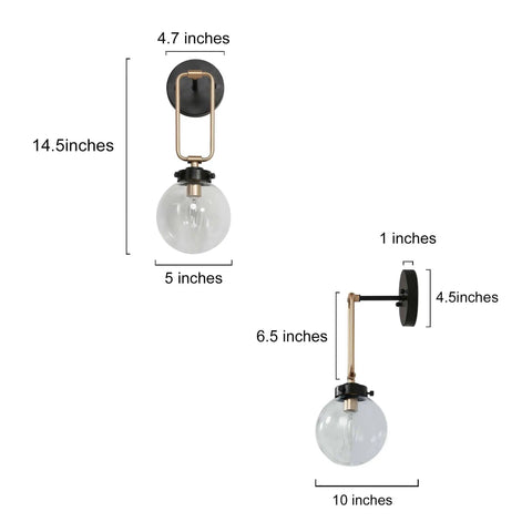 Dimensions and design of Dope Farmhouse Globe Wall Sconce With Black And Gold Finish 1 Light Wall Light Clear Glass Shade shown.