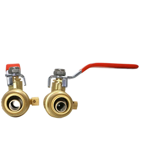 Push Fit Ball Valve Half Inch To Half Inch With Drain, two bronze valves with red handles, solder-free quick install plumbing fitting.