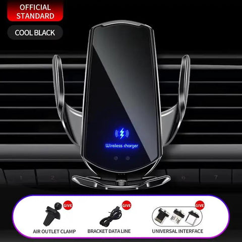Smart Auto Clamp Wireless Car Charger Mount For Chevy Bolt EV EUV Blazer Volt Featuring Dual Magnetic Induction Charging mounted on a car vent.