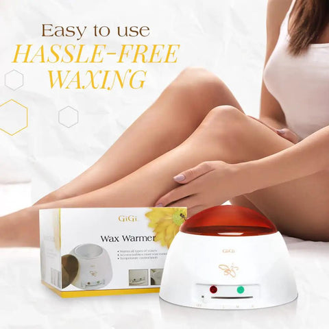 All Purpose Wax Warmer For 14 Oz Wax Cans With Adjustable Temperature Control and woman using it for easy waxing at home