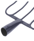 Close-up of Heavy Duty Iron Manure Fork with five teeth design for lawn maintenance and mulch clearing, focus on handle attachment.