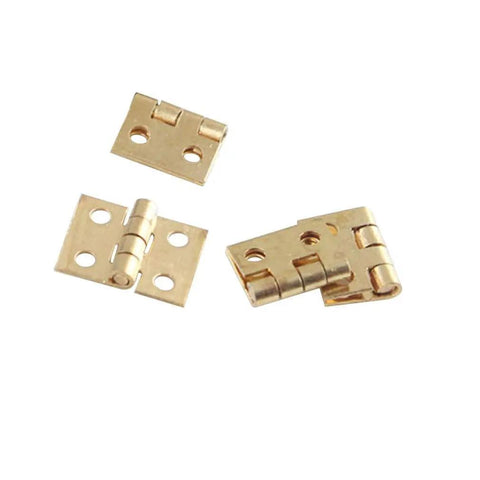 Top Shelf 50 Pack Mini Brass Hinges With A Seamless 180 Degree Swivel For Micro Crafts And Tiny Cabinet Fixes. Four brass hinges in gold tone.
