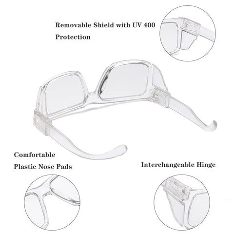 Photochromic Safety Glasses Featuring Blue Light Blocking Armor And Scratch Resistant Glass with clear frame and removable shield.