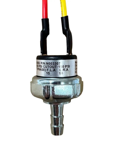Close-up of OEM Air Compressor Pressure Switch N003307SV for Porter Cable and Bostitch, showing wires and metal connector.
