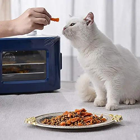 Digital Electric Food Dehydrator With Four Stackable Stainless Steel Trays And Precision Temperature Controls Featuring A Rock Solid Forty Eight Hour Timer For Sick Fast Jerky Fruit Veggie And Herb Preservation next to cat being fed.