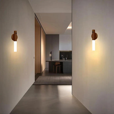 Hallway with wooden motion sensor night lights with magnetic body sensor dual mode LED light for hallways and stairs rechargeable sconce.