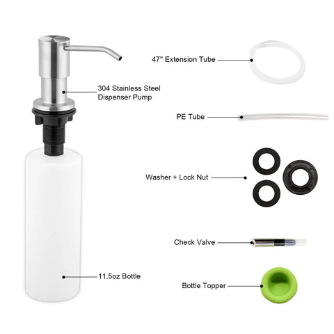 Stainless Steel Built In Soap Dispenser Pump For Kitchen Sink With Forty Seven Inch Extension Tube And Eleven Point Eight Four Ounce Soap Bottle Kit Brushed Nickel components