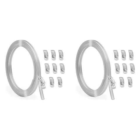 Solid Stainless Steel Hose Clamp Set With Heavy Duty Worm Gear Band And Screw For Secure Pipe Connections That Grip Tight Under Pressure Without Slipping Or Deforming For Reliable Plumbing And Auto Repair Jobs Today. Two stainless steel hose clamp sets with band and screw fittings