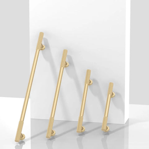 Transform Your Kitchen Vibe With Thirty Pieces Of Five Inch Brushed Gold Cabinet Pulls Built Like A Tank From Pure Zinc Alloy For No Sweat Mounting And Smooth Glide On Every Drawer And Cabinet, showcasing various lengths.