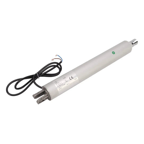 Beefed Up 24V Electric Linear Actuator With Rock Hard Aluminum Body And IP65 Rated Build With Sturdy Mounts For RV Camper Lift Beds Recliners 3000N Smooth Push, silver cylindrical design with power cable.