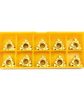 Ten 16ER/16IR AG60 carbide turning inserts for CNC lathe in yellow organizer tray