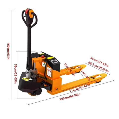 Heavy Duty Electric Pallet Jack Truck With 4400 Lb Capacity For Industrial Use Featuring Lithium Battery 48V 20Ah, side view with dimensions.