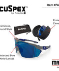 Badass Semi Frameless Safety Glasses With Ansi Z87 Certified Features Rock Solid Polarized Blue Mirrored Lenses And Dang Good Uv Shielding For Tough Industrial Jobs And Construction Sites Sold In A Bulk Pack Of Forty Eight Pair with protective cases.