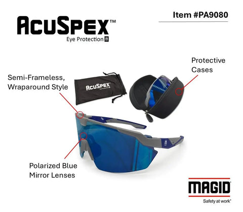 Badass Semi Frameless Safety Glasses With Ansi Z87 Certified Features Rock Solid Polarized Blue Mirrored Lenses And Dang Good Uv Shielding For Tough Industrial Jobs And Construction Sites Sold In A Bulk Pack Of Forty Eight Pair with protective cases.
