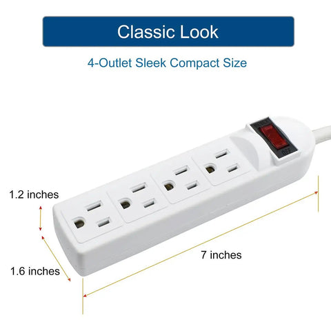Four Outlet Power Strip With Angled Flat Plug And Short Cord For Kitchen Office Travel 250 Joules Surge Protection Lighted On Off Switch And Circuit Breaker ETL Listed Compact Space Saving Design, dimensions labeled