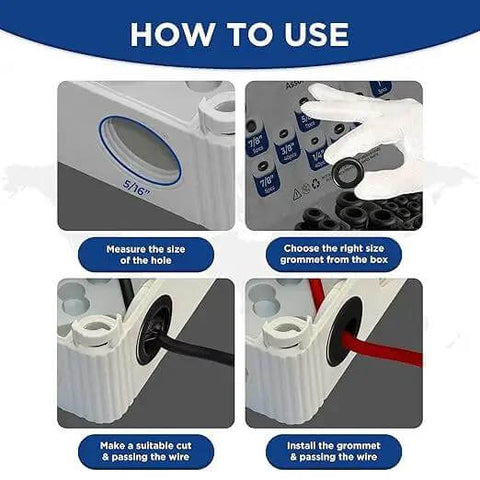 Pro Grade Rubber Grommet Kit For Wiring Pack Of 190 showing installation guide with measurement and wire insertion steps