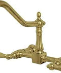 Heritage Wall Mount Bridge Kitchen Faucet Polished Brass With 8 Inch Spread And 12 Inch Spout Reach Solid Brass Quarter Turn Ceramic Disc