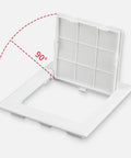 Straight Up Solid Drywall Access Panel 6X6 Inch Abs Plastic Wall Hole Cover With Flip Access Door, open view showing hinge.