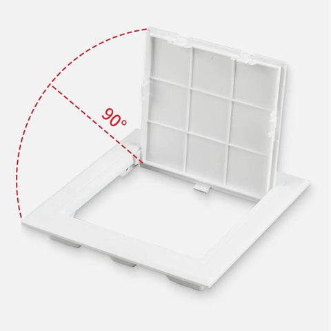 Straight Up Solid Drywall Access Panel 6X6 Inch Abs Plastic Wall Hole Cover With Flip Access Door, open view showing hinge.