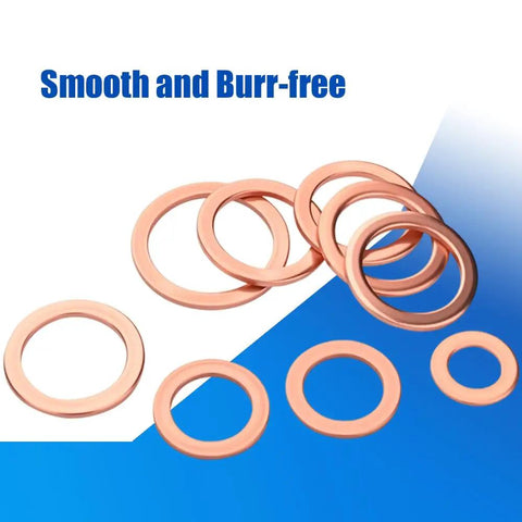 350 Piece Copper Washers Kit With Smooth Burr Free Seals Metric Sealing Crush Washers For Auto Plumbing And Machinery Durable Copper Washers Set With Standard Hole For Quick Installation. Copper washers laid out on blue and white background