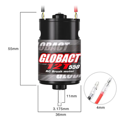 550 12T Brushed RC Motor For 1x10 Scale Traxxas Slash Rustler Stampede And Arrma Granite Senton Typhon Beefy Torque Upgrade With 22500 RPM, labeled with measurements