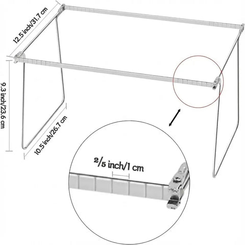 Heavy Duty Steel Hanging File Frames Two Pack Adjustable File Cabinet Rails dimensions showing adjustable design and sturdy metal construction.