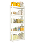 Workhorse 5 Tier Heavy Duty Metal Wire Shelving Rack With Adjustable Heights Supporting 200 Pounds Per Shelf for Rough Garage Tasks and Smooth Kitchen Organization Setup in Basement or Warehouse filled with storage bins and containers.