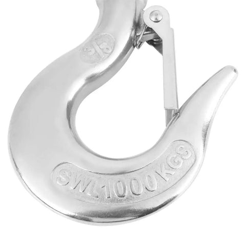 Built Like A Tank Heavy Duty Swivel Hook For Engine Hoist Featuring secure safety latch and SWL 1000 KGS engraving on stainless finish.