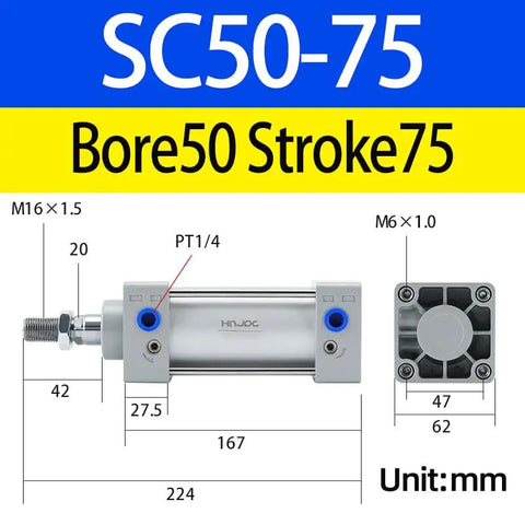 Diagram of 2 Inch Bore 3 Inch Stroke Aluminum Pneumatic Air Cylinder Double Acting for Industrial Automation, PT1/4 thread, SC50X75