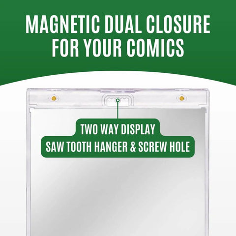 Current Size Comic Book Display Case Holder Magnetic Protector With Diamond Corners showing dual closure and hanging options