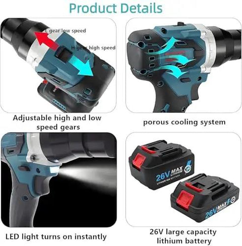 Kickass Cordless Rivet Nut Gun Kit Featuring A Brushless Motor And Dual 26V Batteries For Reliable M3 To M12 Fastening On Any Sheet Metal Job Today, showing adjustable gears and batteries.