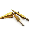3 Piece Pagoda HSS Titanium Plated Step Drill Bit Set For Metal And Wood Aluminum Stainless Steel Plastic Reaming Cone Bits With Six Point Three Five Millimeter Hex Shank Dope Heavy Duty Tool Kit With Storage Case displayed on white background
