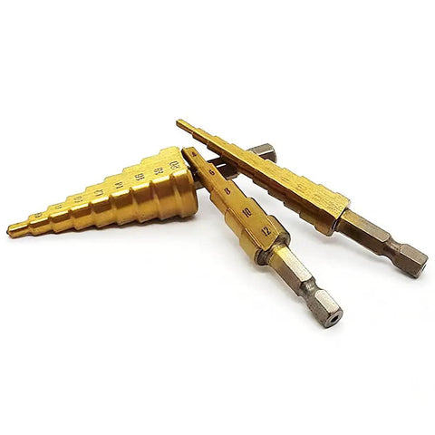 3 Piece Pagoda HSS Titanium Plated Step Drill Bit Set For Metal And Wood Aluminum Stainless Steel Plastic Reaming Cone Bits With Six Point Three Five Millimeter Hex Shank Dope Heavy Duty Tool Kit With Storage Case displayed on white background