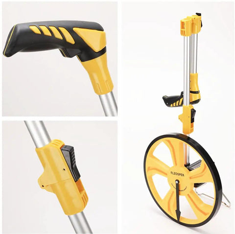 Smooth Rolling Measuring Wheel With Durable Rubber Tire And Mechanical Counter For Nailing Yard Surveys Up To Nine Thousand Nine Hundred Ninety Nine Feet Light Alloy Frame Collapses Fast For Zero Fuss Stashing In Bright Yellow