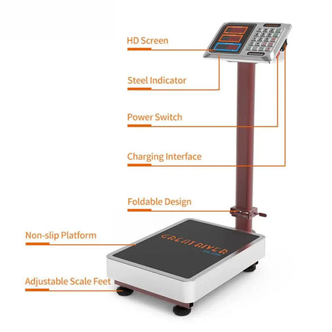 Precision Digital Floor Scale Heavy Duty Folding Platform with HD screen, non-slip platform, and adjustable scale feet.