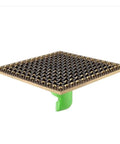 Heavy Duty Copper Floor Drain With Removable Debris Filter For Bathrooms Walk In Showers And Vintage Tubs, square design with green attachment.