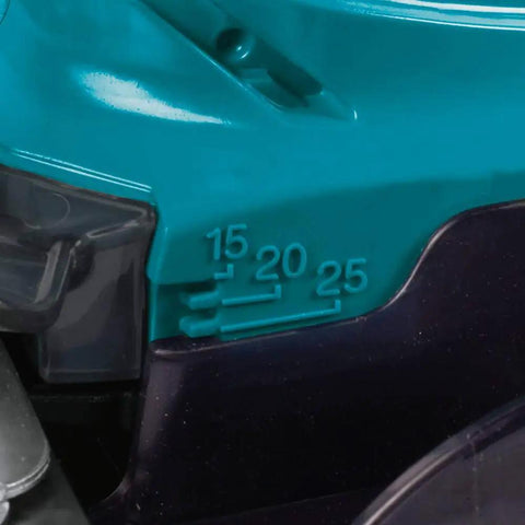 Close-up of the 3-stage cutting height adjustment on the 18V LXT Cordless Grass Shear With Hedge Trimmer Blade, tool settings visible.