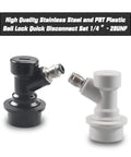 Two Pack Ball Lock MFL Quick Disconnect Set With Swivel Nuts Five Sixteenth Gas And One Quarter Liquid Barbed Fittings For Home Brew Keg Lines Easy Swap From Ball Lock To Barbed CO2 Ready, black and gray stainless steel disconnects
