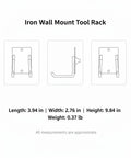 Dimensions and side view of Iron Wall Mount Tool Rack for Garage with black finish, designed for shovels, rakes, brooms.