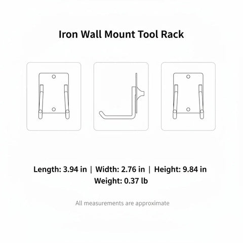 Dimensions and side view of Iron Wall Mount Tool Rack for Garage with black finish, designed for shovels, rakes, brooms.