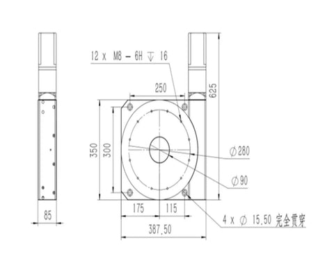 Top Shelf Hollow Electric Turntable For CNC Builds With Precision XYZ Multi Axis Rotation Platform Featuring Slick Worm Gear Drive And Tough As Nails Lightweight Construction dimensions drawing showing measurements and angles.
