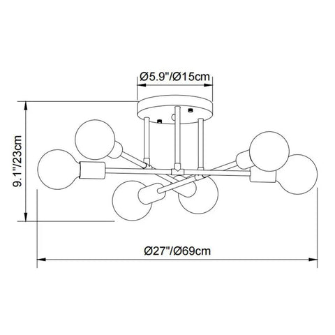 Dimensions diagram of Cool Modern Sputnik Ceiling Chandelier, 6 Light LED Fixture With Included Bulbs, Gold Finish for Bedroom and Dining Room