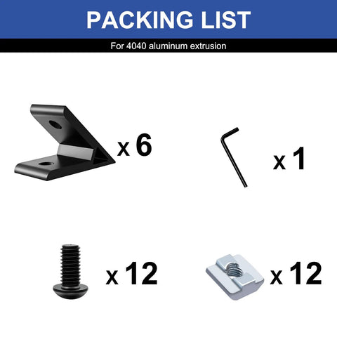 4040 Corner Angle Bracket 45 Degree Set for Aluminum Extrusion with screws, nuts, and wrench, black 6 pack, packing list display