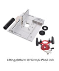 Built To Last Heavy Duty Aluminum Router Lift Kit With Smooth Manual Precision Dial Control showing 6.3x8.66 inch lifting platform and components.