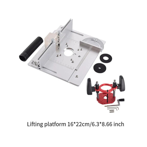 Built To Last Heavy Duty Aluminum Router Lift Kit With Smooth Manual Precision Dial Control showing 6.3x8.66 inch lifting platform and components.