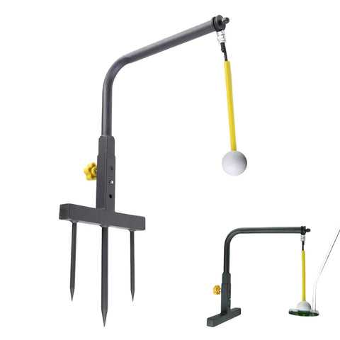 Backyard Golf Swing Training Aid with Adjustable Height Alignment Stand, realistic swing simulator, steel and yellow design