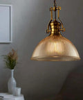 Retro Dome Pendant Light With Ribbed Glass In Brass Finish, 12 Inch Wide By 19 Inch High Hanging Lamp, Single Head