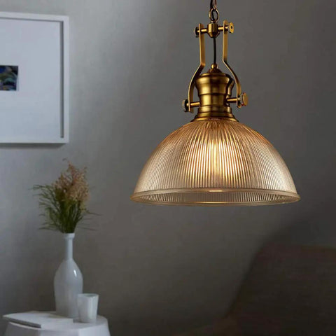 Retro Dome Pendant Light With Ribbed Glass In Brass Finish, 12 Inch Wide By 19 Inch High Hanging Lamp, Single Head