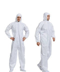 Two models wearing Six Pack Disposable Protective Coveralls For Painting And Work White Lightweight SMS Material Breathable Painters Suit